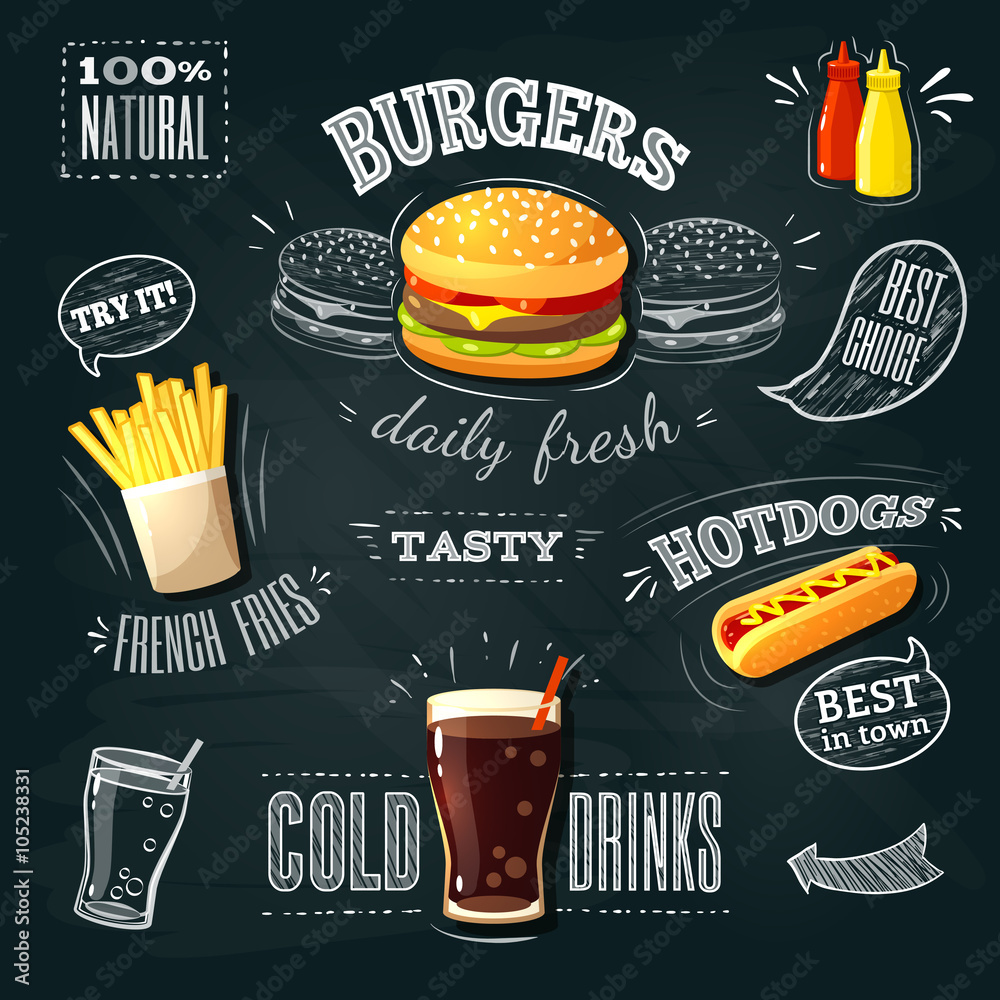 Chalkboard fastfood ADs - hamburger, french fries and hotdog. Vector illustration, eps 10. - obrazy, fototapety, plakaty 