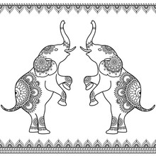 Two Elephants Standing Up With Seamless Line Lace Borders In Ethnic Mehndi Indian Henna Style.