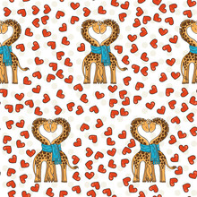 A Pair Of Cute Giraffes In Love With A Common Scarf. Neck Curved In The Shape Of Heart.