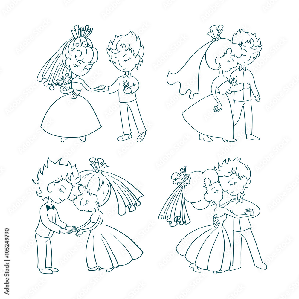 Wedding doodle comic set. Cute bride and groom. Wedding couple. Outline.  Stock Vector | Adobe Stock, image size:1000x1000