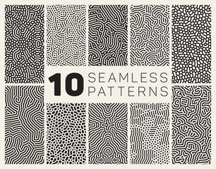 Set of Ten Vector Seamless Black and White Organic Rounded Jumble Maze Lines Patterns
