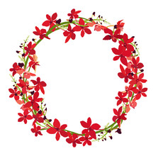 Red Orchid Frame, Floral Wreath Circle Frame, Isolated Vector