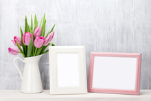 Fresh Pink Tulips Bouquet And Photo Frames