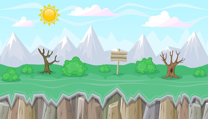 Seamless editable mountainous landscape with dry trees for game design