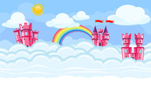 Seamless Editable Celestial Cloudscape With Pink Castles For Game Design