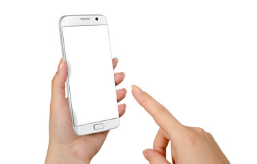 Poster - Modern white smart phone in woman hand. White screen for mockup, isolated.