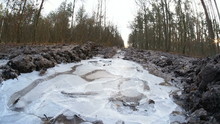 Walking And Braking The Ice On The Forest Dirt Road Near Lublin, Lubelskie, Poland.
