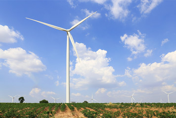 Wind turbine on the green grass over the blue clouded sky