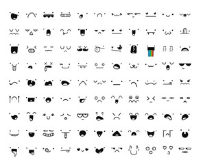 Set of 99 different pieces of doddle emotions to create characters. Emotions for design. Anime. Anger and joy. Surprised and hurt. Indifference and shock. Laughter and tears. Emotions handmade