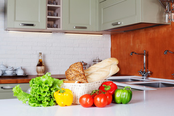 kitchen design light fresh vegetables, bread basket, lettuce, peppers, tomatoes, shopping, cooking two sinks with faucets Bank pasta table