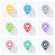 © FineVector - Set of color pointers and markers for map and plan with white icons on grey background with long shadow. Vector illustration.