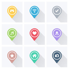 Poster - Set of color pointers and markers for map and plan with white icons on grey background with long shadow. Vector illustration.