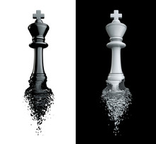 Farewell To The King / 3D Render Of Chess King Breaking Apart, Isolated On Black And White