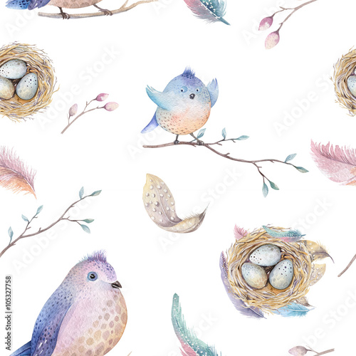 Cotton fabric Watercolor spring rustic pattern with nest, birds, branch,tree
