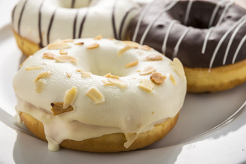 close up of donuts on white plate