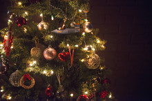 Christmas Decorations, A Traditional Real Christmas Tree, Decorated With Lights, 