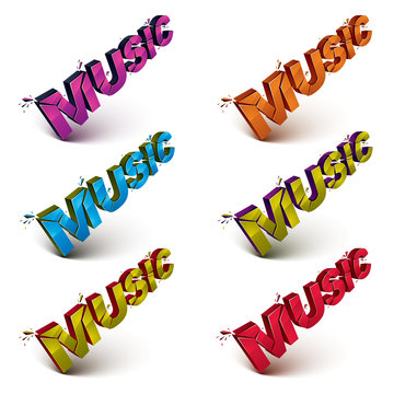 Collection of 3d music word broken into pieces, demolished vector