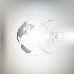 Poster - three-dimensional dotted world globe with abstract construction on gray background, vector illustrat