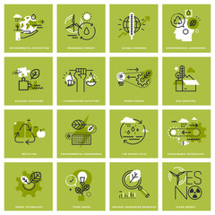 Poster - set of thin line concept icons of environment, renewable energy, sustainable technology, recycling, 
