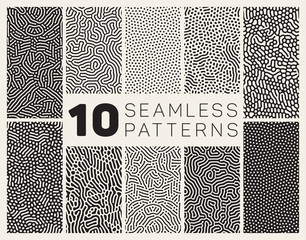 set of ten vector seamless black and white organic rounded jumble maze lines patterns