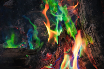 Unusual green flames from the fire caught in copper sulphate