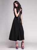 Fototapeta  - sexy slim woman model with long legs in black dress and high hee