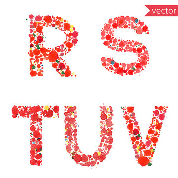 decorative letters R, S, T, U, V, made from colorful drops and blots