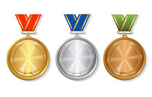 Set Of Gold, Silver And Bronze Award Medals On White 