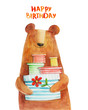 Bear with flower and boxes of gifts. Happy birthday. Watercolor illustration