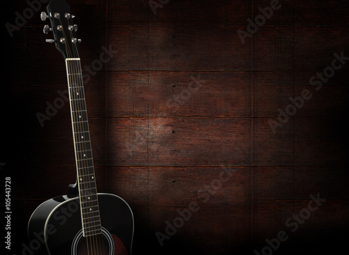 Dekoracja na wymiar  czarna-gitara-akustyczna-na-ciemnym-czerwonym-tle-drewnianych
