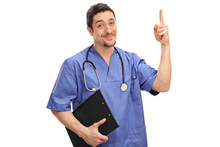 Cheerful Doctor Pointing Up With His Finger