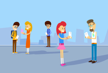 Poster - group of student holding cell smartphone social network communication concept