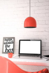 Poster - red desktop with blank screen laptop