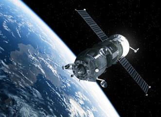 Wall Mural - cargo spacecraft orbiting earth. 3d scene.