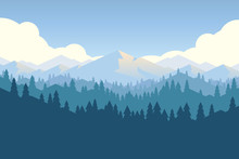 Vector Mountain And Forrest Landscape In A Daylight.