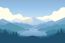 Vector Mountain And Forrest Landscape In A Daylight.
