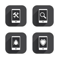 Poster - Smartphone icons. Shield protection, repair, bug