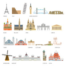 Set Of 20 Monuments Of Europe. Vector Illustration