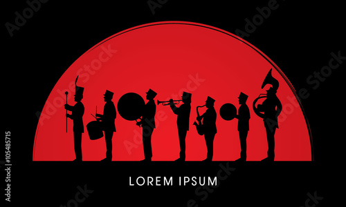 Fotomural Silhouette Marching Band, parade, on sun rise background ,graphic vector