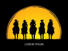 Silhouette, Cowboy Gangs On Horse, Designed On Moonlight Background Graphic Vector.