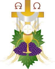 Wall Mural - Eucharist symbol of bread and wine, chalice and host, with wheat ears wreath and grapes, with a cross. First communion illustration.