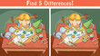 Find differences game with a cartoon girl drawing a picture