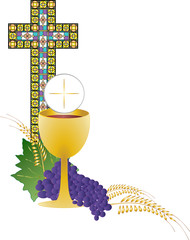 Wall Mural - Eucharist symbol of bread and wine, chalice and host, with wheat ears wreath and grapes, with a cross. First communion illustration with stained glass cross.