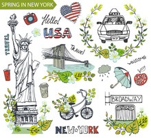 Spring In New York.Famous Landmarks,floral Decor Set