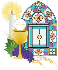 Wall Mural - Eucharist symbol of bread and wine, chalice and host, with wheat ears wreath and grapes, with a cross. First communion illustration, with stained glass church window.