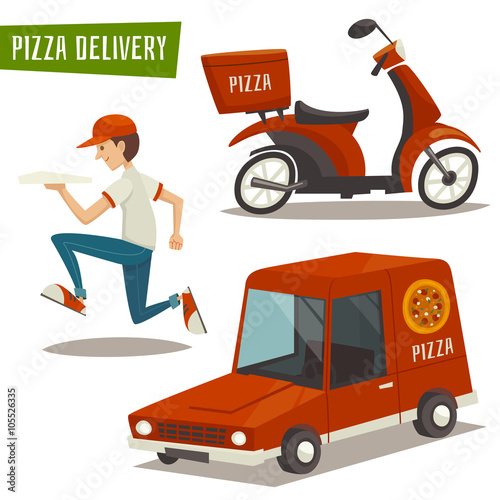 Pizza Delivery Set With Car Scooter And Courier Isolated On White