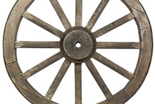 Side View Of Weathered  Wooden Wagon Wheel On White