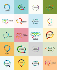  Set of flat linear design speech cloud logos. Talk bubbles, modern geometric industrial thin line icons