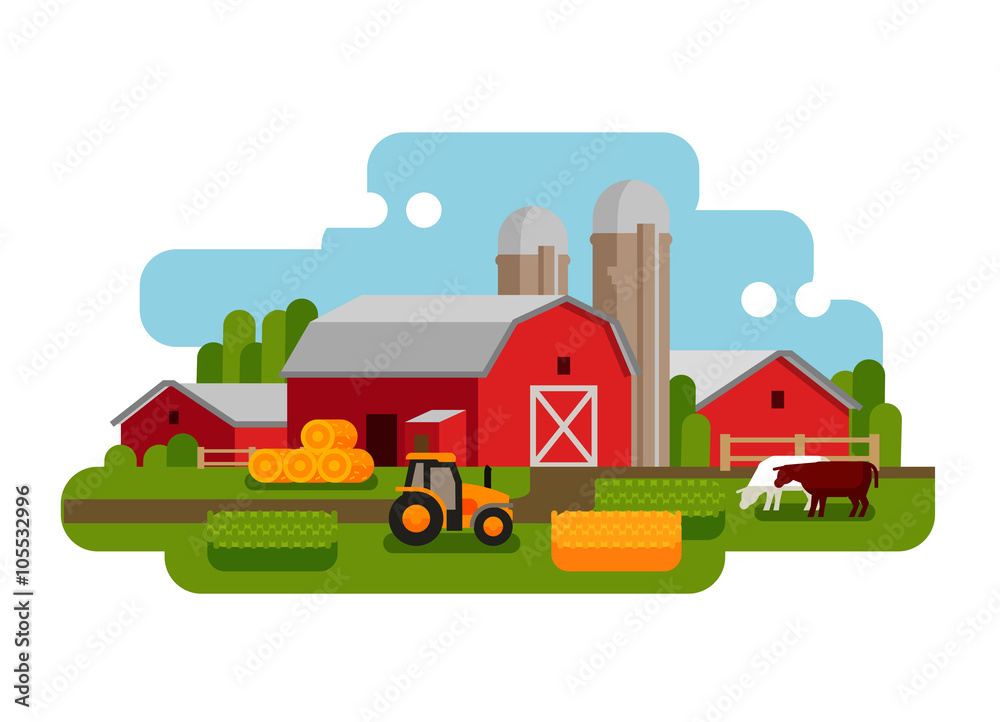 Flat vector illustration of a farm landscape. Agriculture, crop, field ...