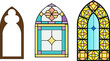 Church stained glass windows, vector illustration in color and line drawing.